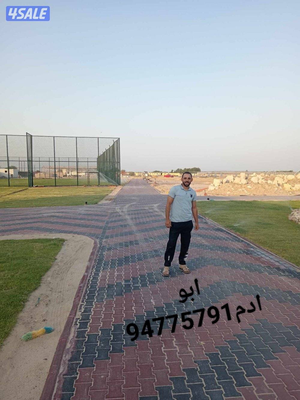 معلم بلاط  متداخل وكربستون وقص الاشجار وتركيب التيل الصناعي2
