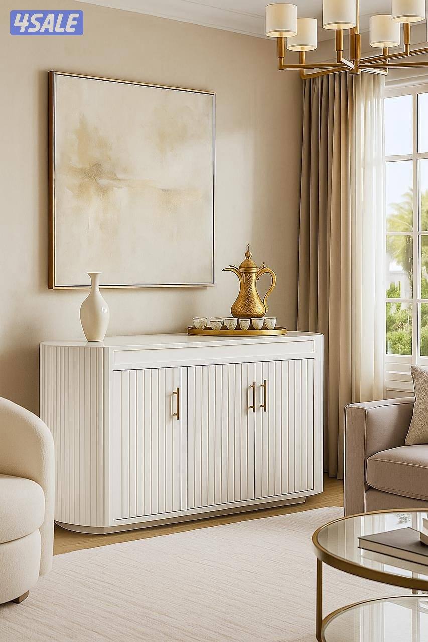 كونتر قهوة / شاي أنيق باللون الأبيض مع مقابض ذهبية1