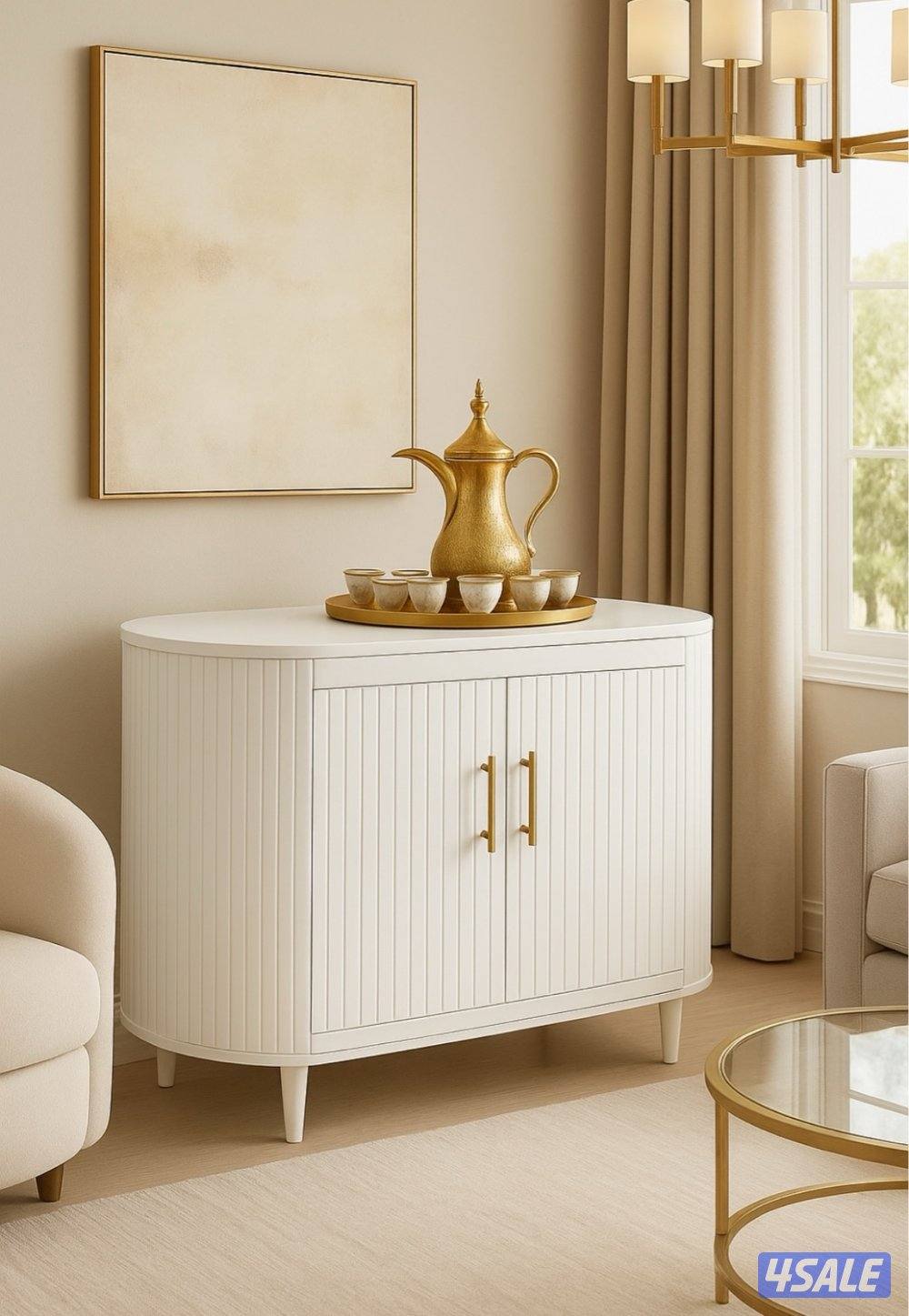 كونتر قهوة / شاي أنيق باللون الأبيض مع مقابض ذهبية3