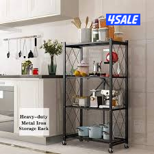 Foldable 4-Tier Storage Shelf on Wheels | Black Metal Shelving Unit0