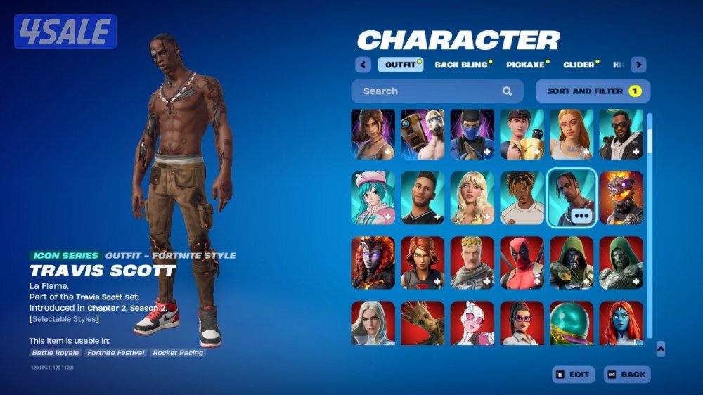 حساب فورت نايت 345 سكن شيطون + ترافيس سكوت + اكس كريتوس ايبك اساسي1