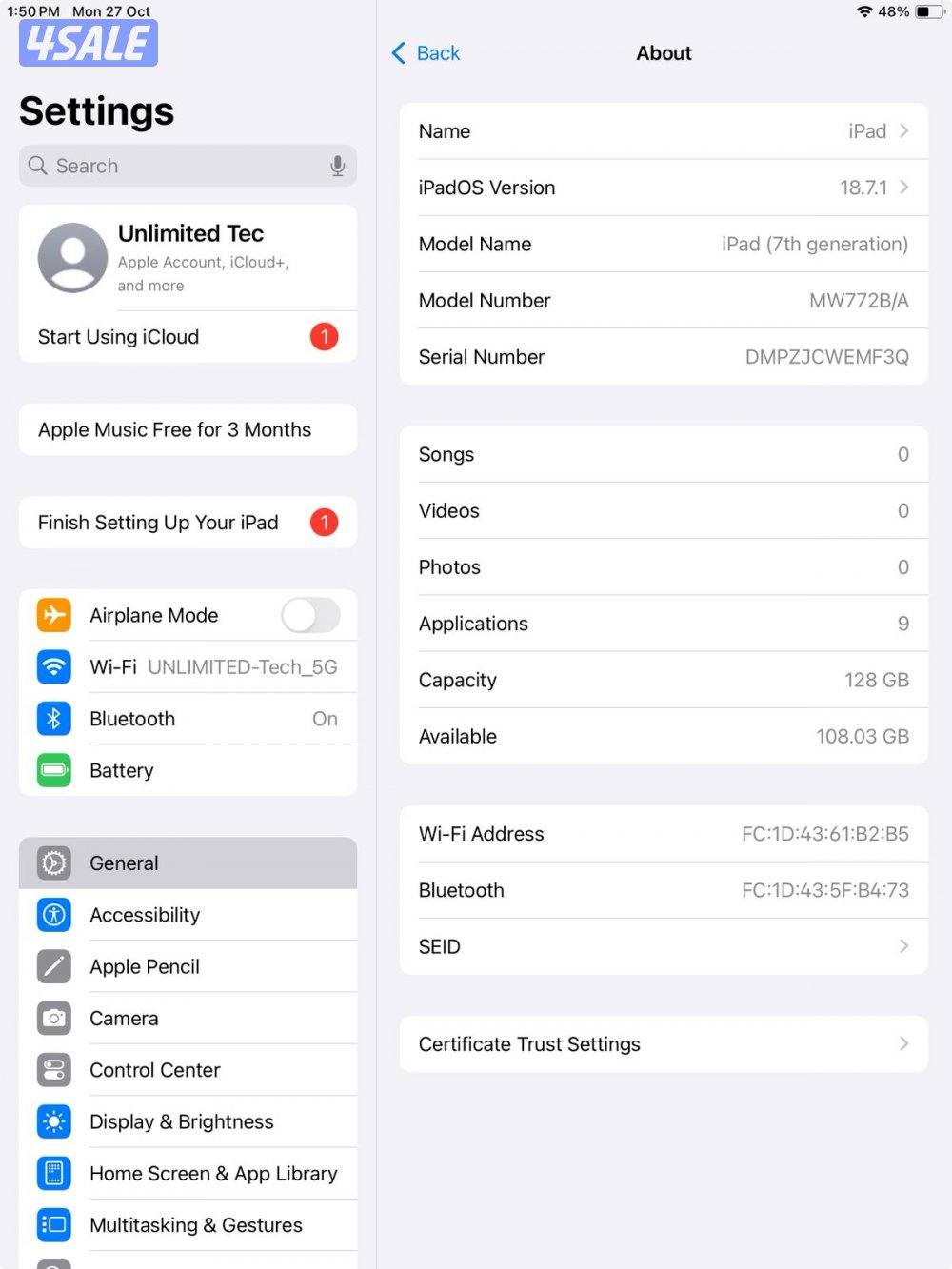 ايباد 128 جيجابايت رمادي iPad 7th Gen 128GB Gray Used like new8
