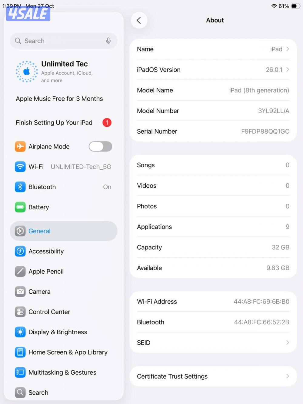 ايباد8 32 جيجابايت رمادي iPad 8th Gen 32GB Gray Used like new10