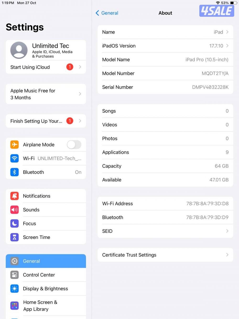 ايباد برو 64 جيجابايت فضي iPad Pro 105 64GB Silver Used like new6