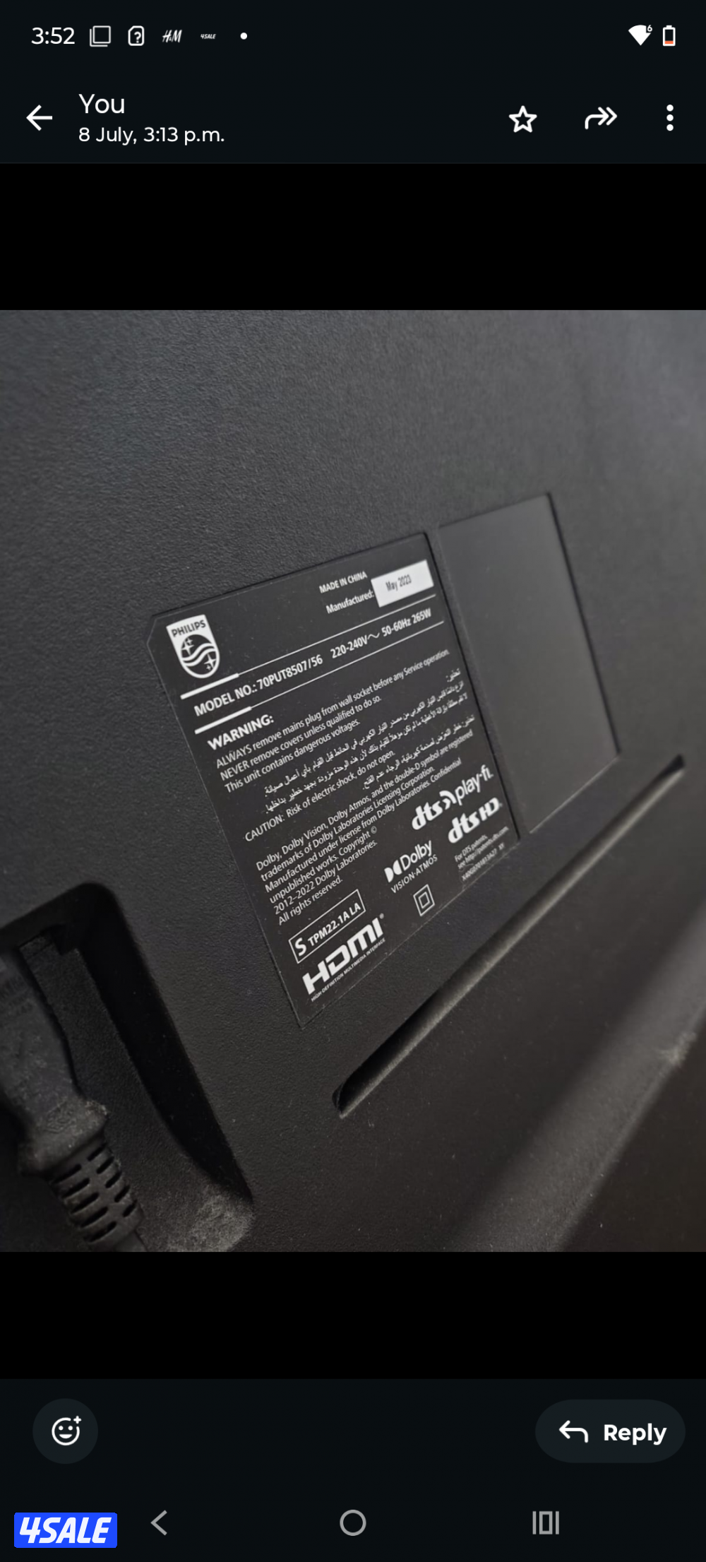 للبيع تلفزيون فيليبس 70 بوصة1