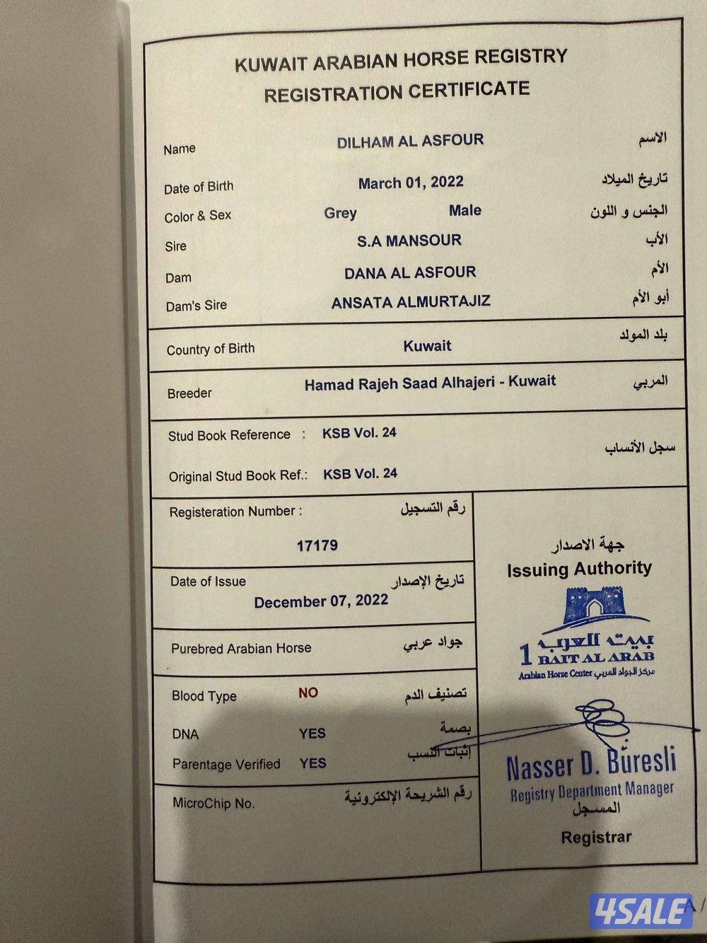 نوع / الحصان بلدي


⬅الأسم /DILHAM ALASFOUR
⬅الأب / S.A MANSOUR
⬅ الأ3