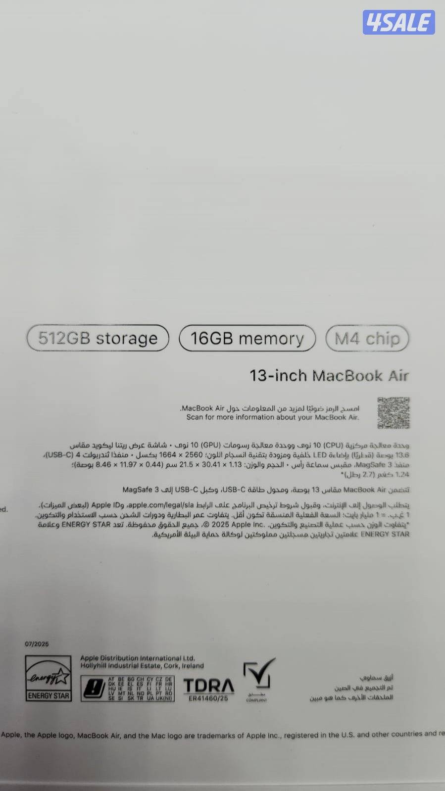 للبيعMacBook Air13.6inch M4/512 SSD16GB ramجديد مصكر بالكرتون0