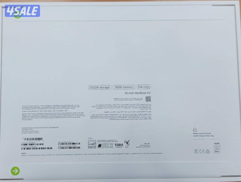 للبيعMacBook Air13.6inch M4/512 SSD16GB ramجديد مصكر بالكرتون3