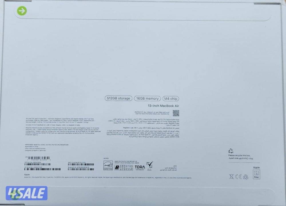 للبيعMacBook Air13.6inch M4/512 SSD16GB ramجديد مصكر بالكرتون4