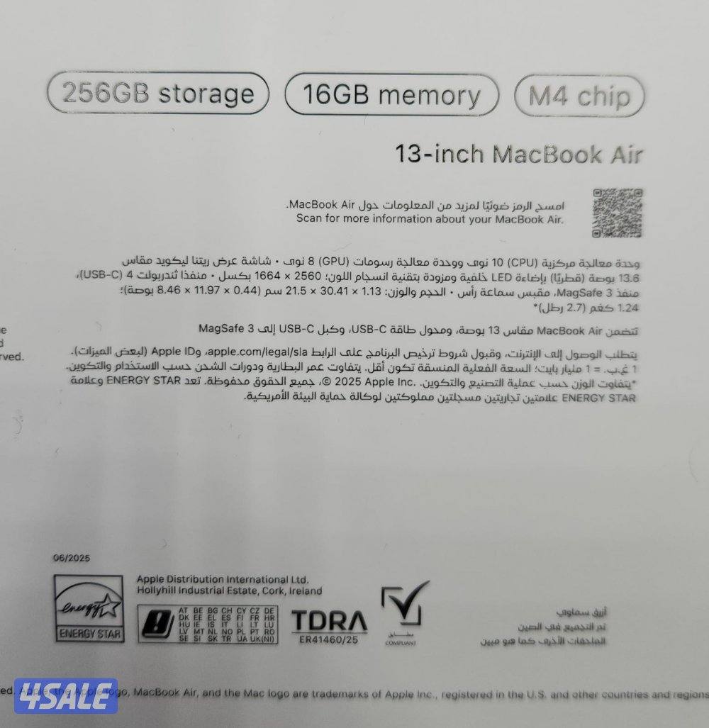 للبيع  new M4 MacBook Air 265 ssd 16 GB RAM 13. 32