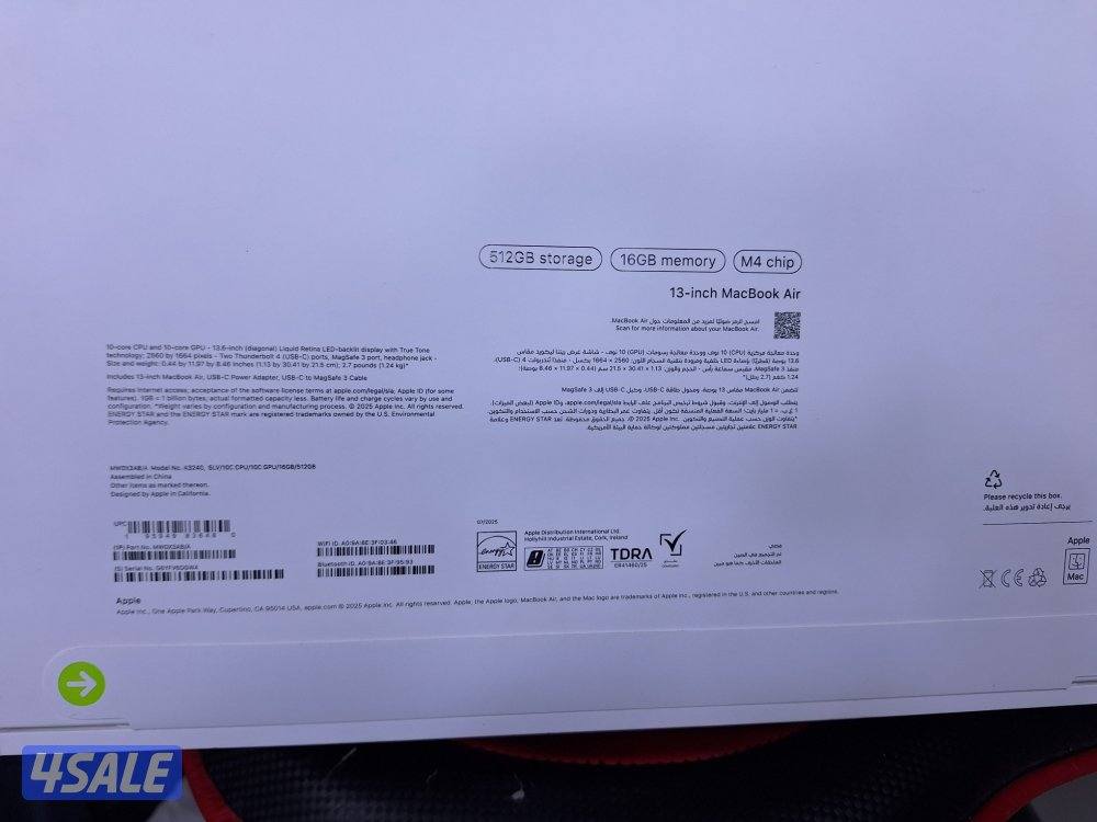 MacBook Air M4 2025 – رام 16 و512 SSD – جديد
بالكرتون1