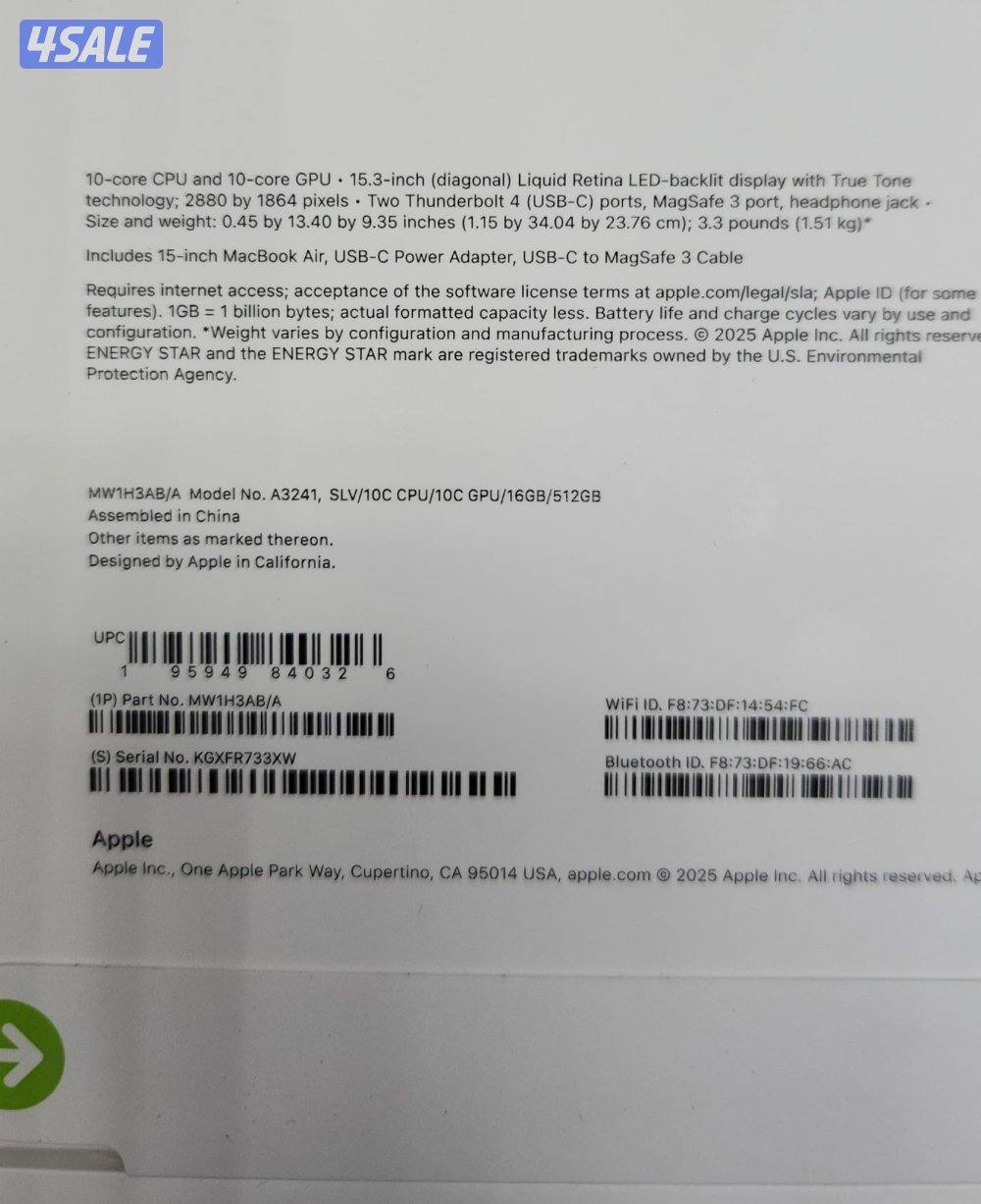 للبيعMacBook Air15 inch M4/512SSD16GB ramجديد مصكر بالكرتون لون فضي1