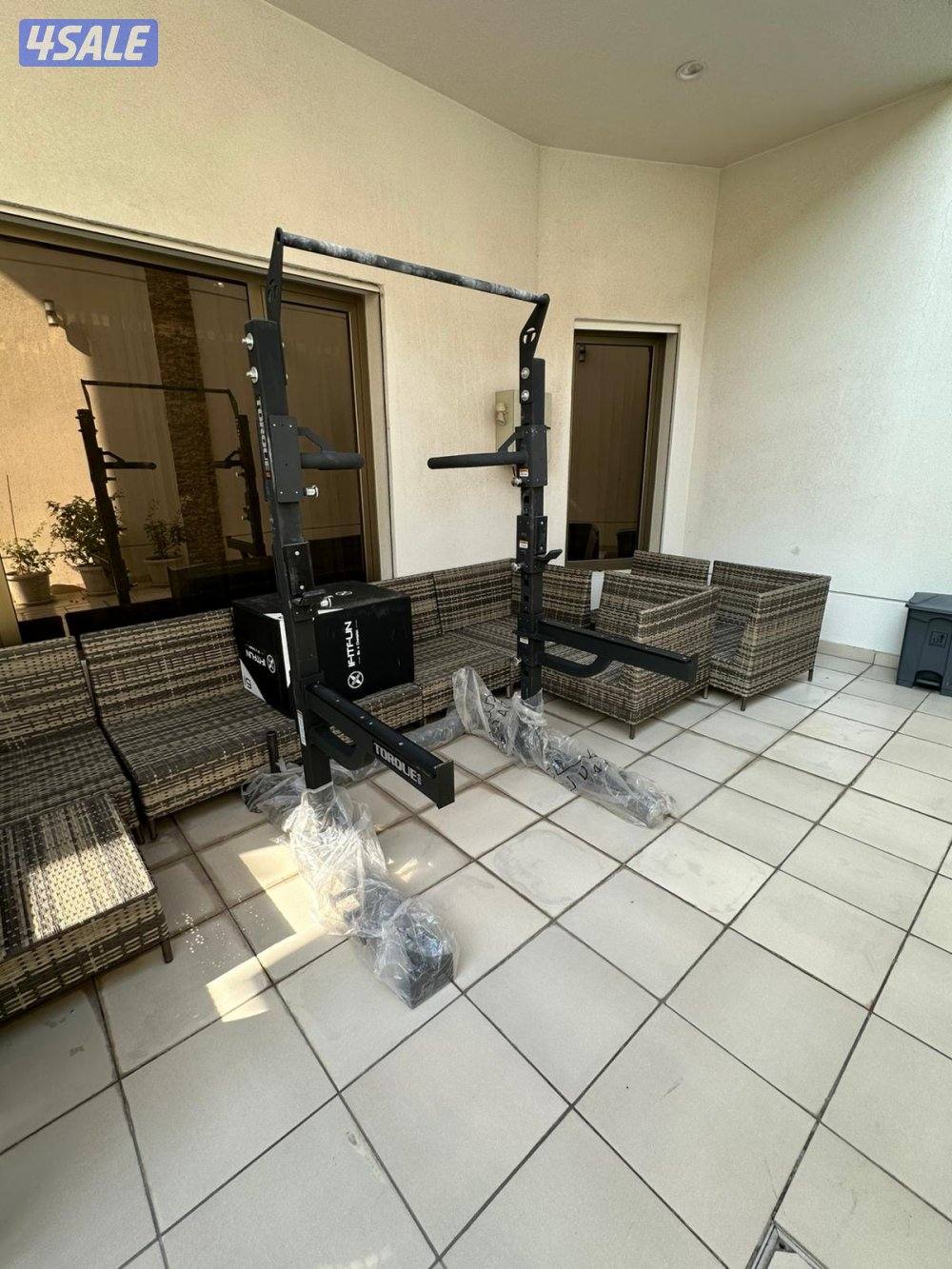 Squat rack + dumbbells + box jump + rubber flooring0