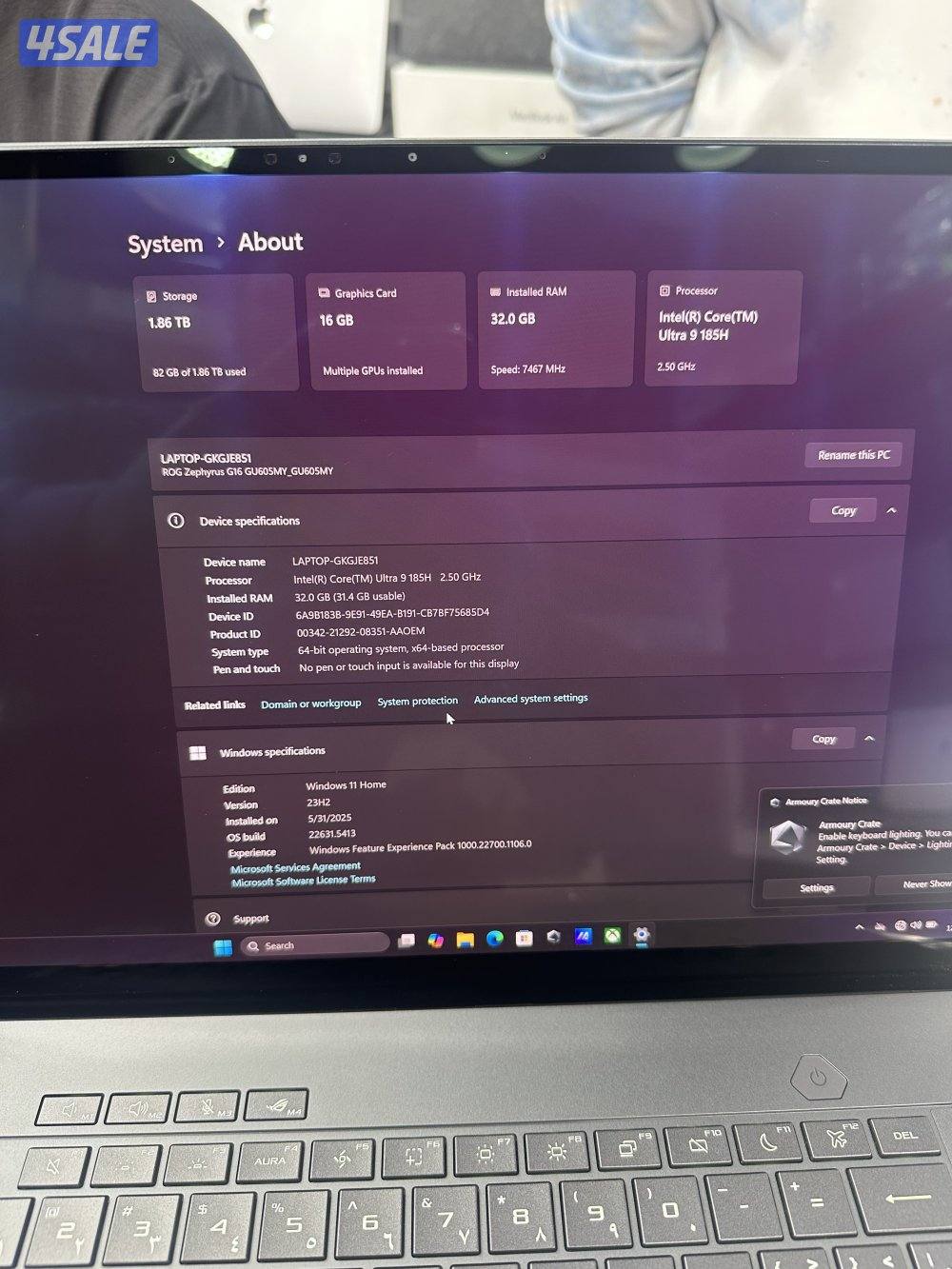 Asus ROG Zephyrus G16- Core Ultra 9 - 32GB RTX4090-16GB-2TB-2.5k OLED3