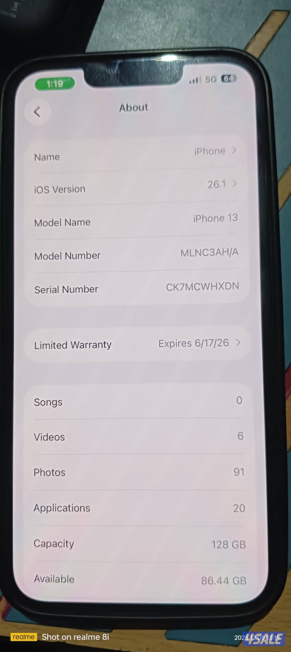 iPhone 13 ,Midnight5G apple  A15 Bionic  99% battery health5