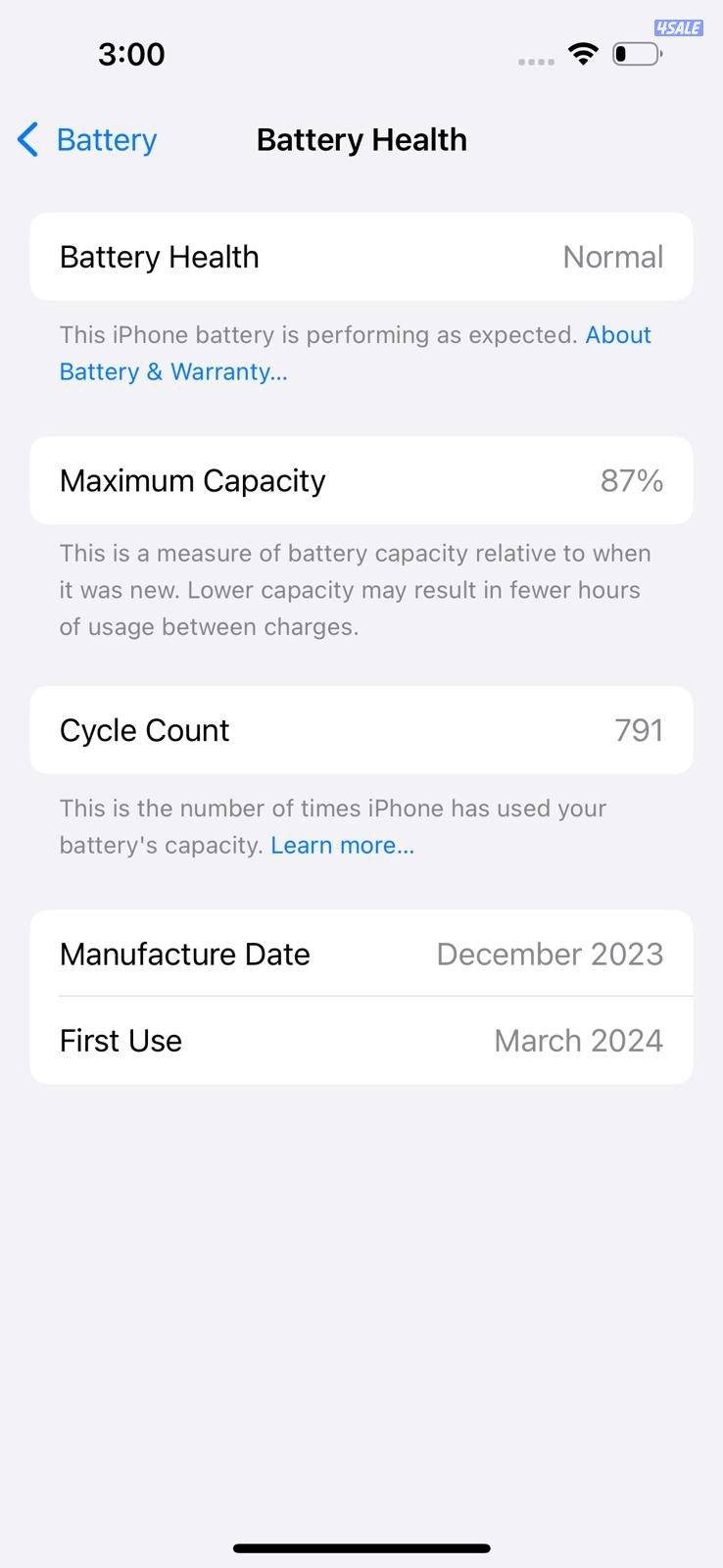 ايفون 15 برو – 256GB – فضي تيتانيوم – 87٪ iPhone 15 Pro 256GB Silver3