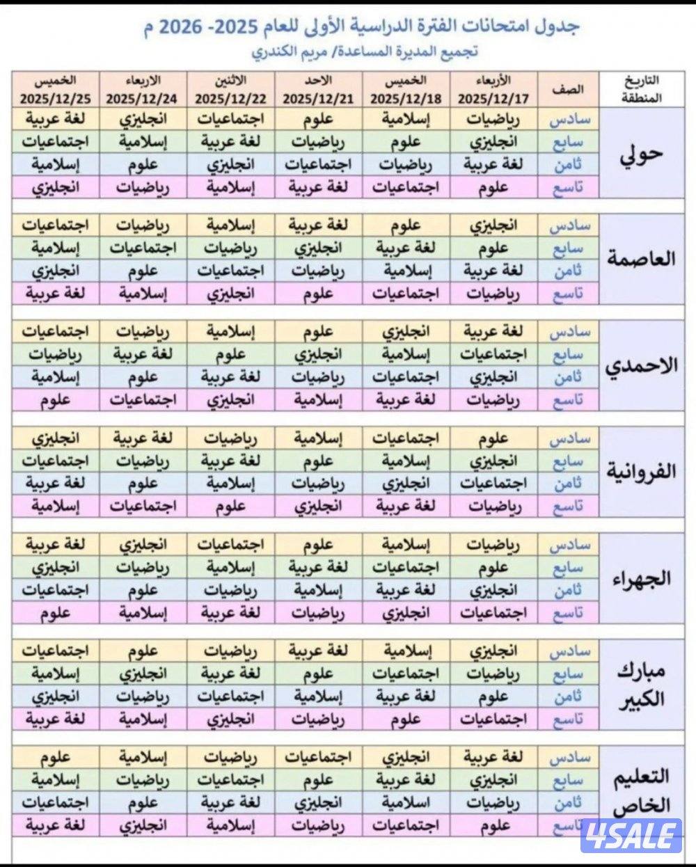 مدرس أول لماده الرياضيات لصفوف المراحل المتوسطة0