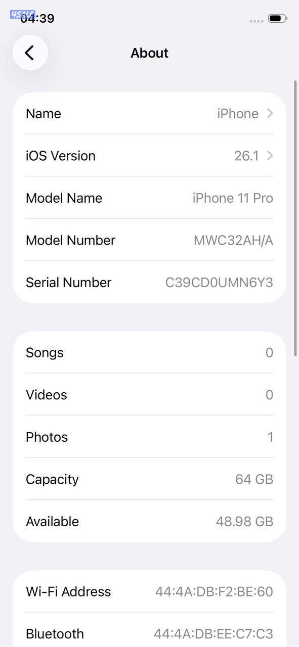 ايفون 11 برو – 64GB – فضي – 100٪ iPhone 11 Pro 64GB Silver, Battery9