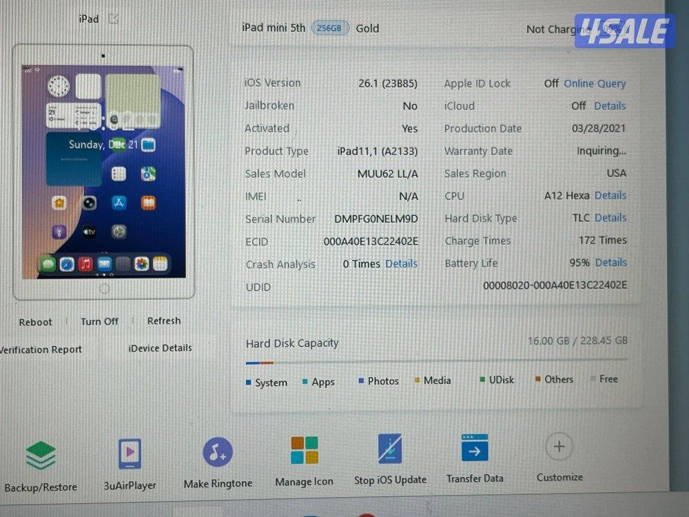 ايباد ابل ميني 5 الخامس 256 قيقا بطارية 95 مع الاغراض كامله الاصليه3