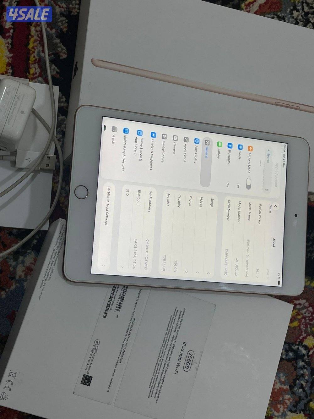 ايباد ابل ميني 5 الخامس 256 قيقا بطارية 95 مع الاغراض كامله الاصليه5