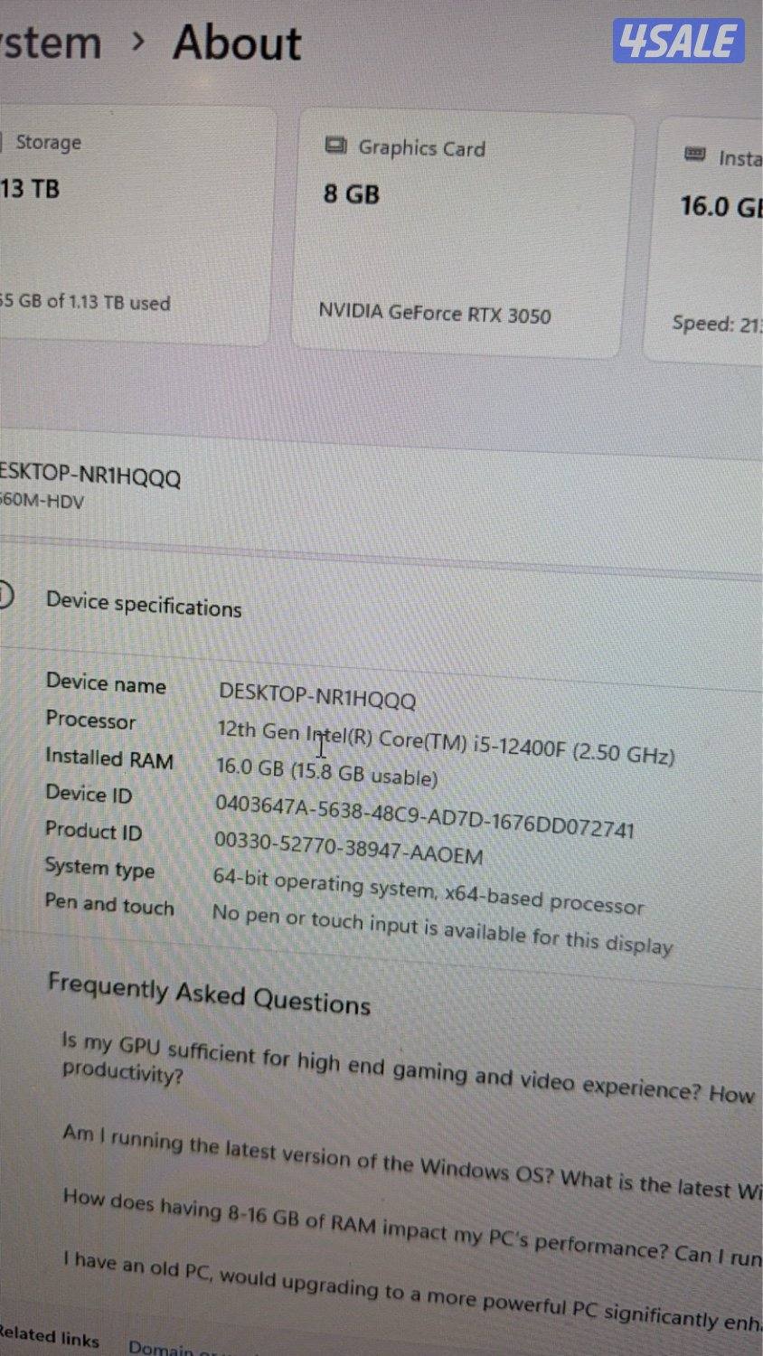 بي سي للبيع كرت شاشه rtx3050 رام16 معالجi5 12400 مع شاشه 27انش240هرتز0