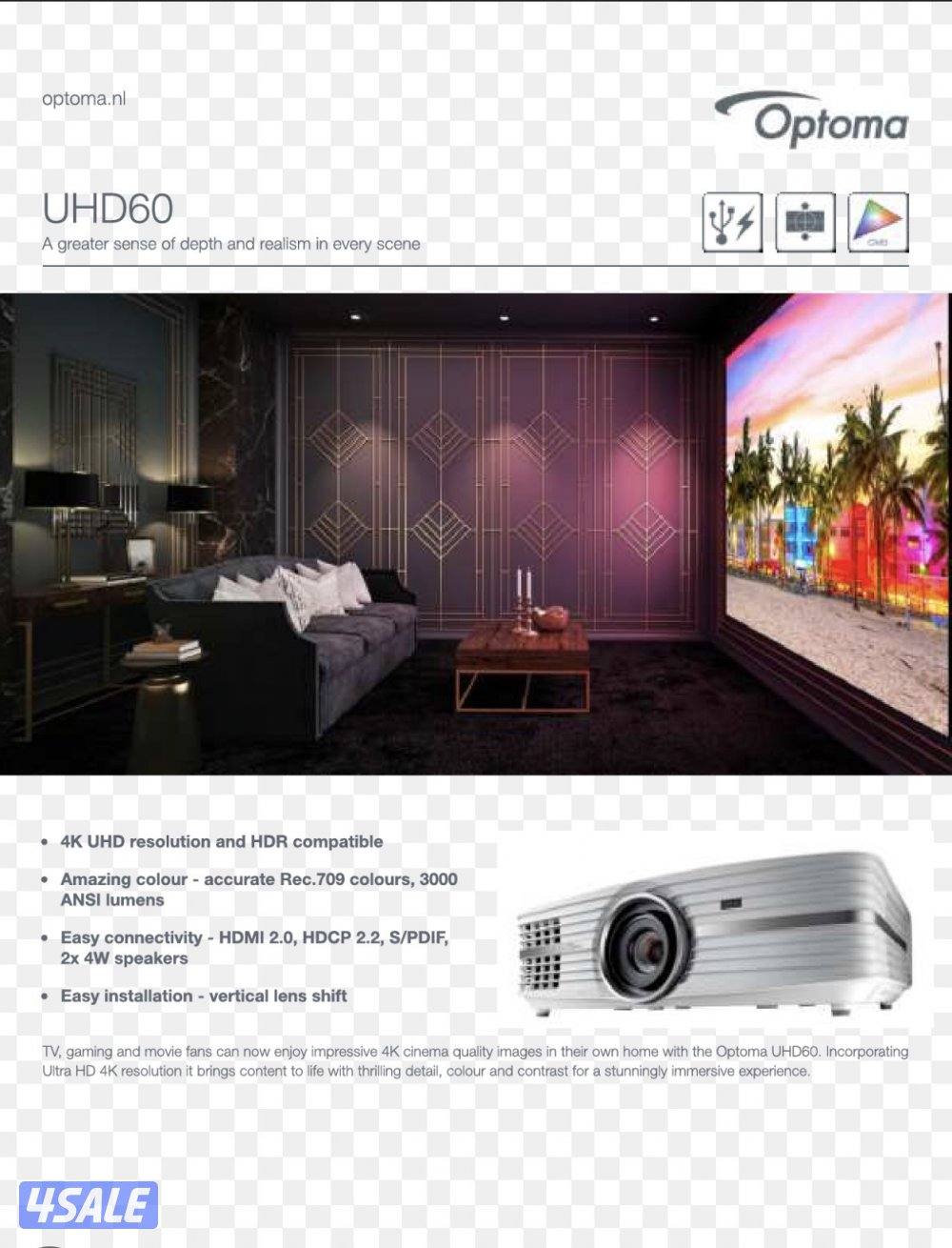 للبيع بروجكتر احترافي للافلام و المباريات نوع optoma UHD 60 4K4