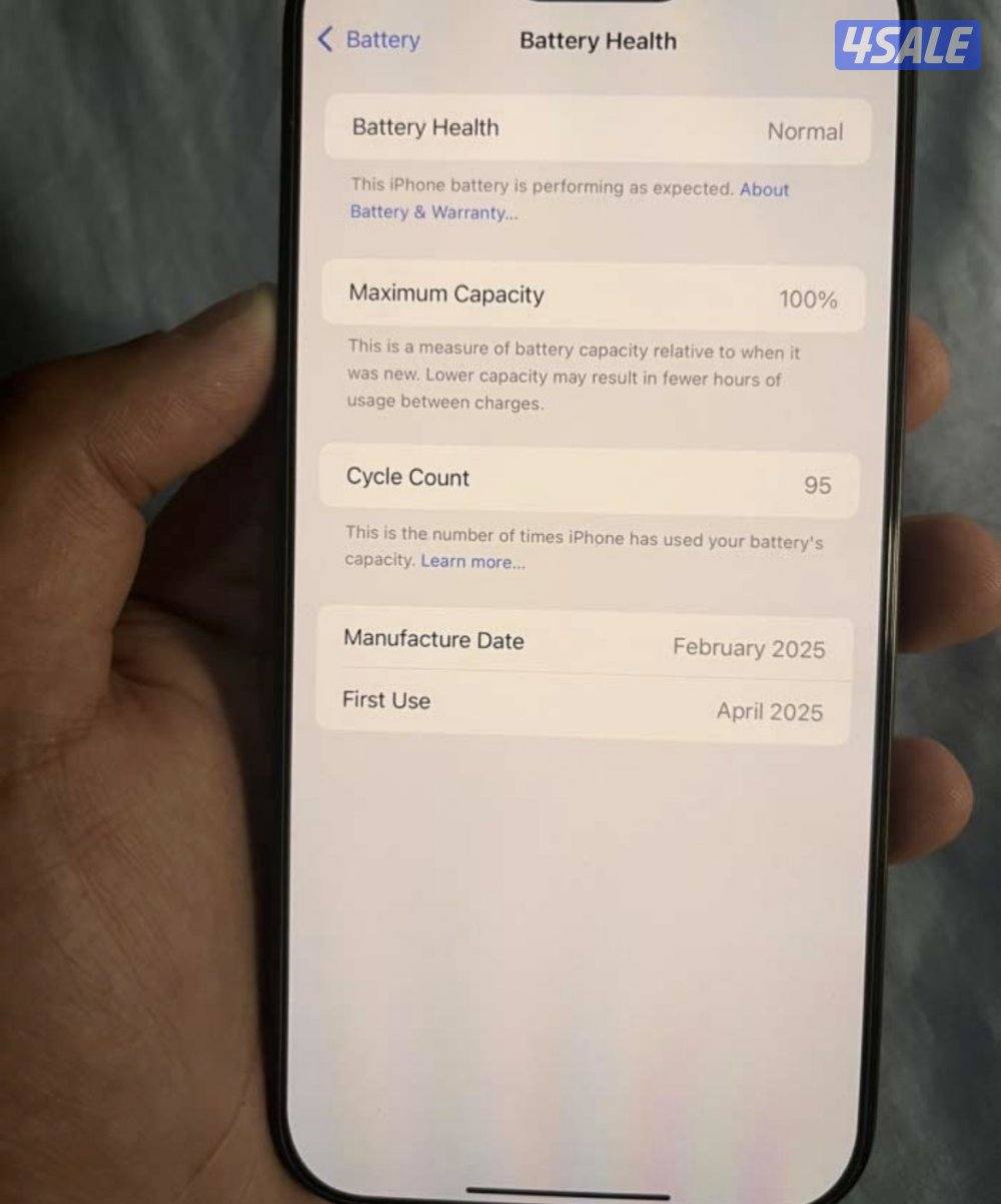 ايفون ١٦ برو ماكس بطاريه ١٠٠iPhone 16 bro max battery 100% cycle 950