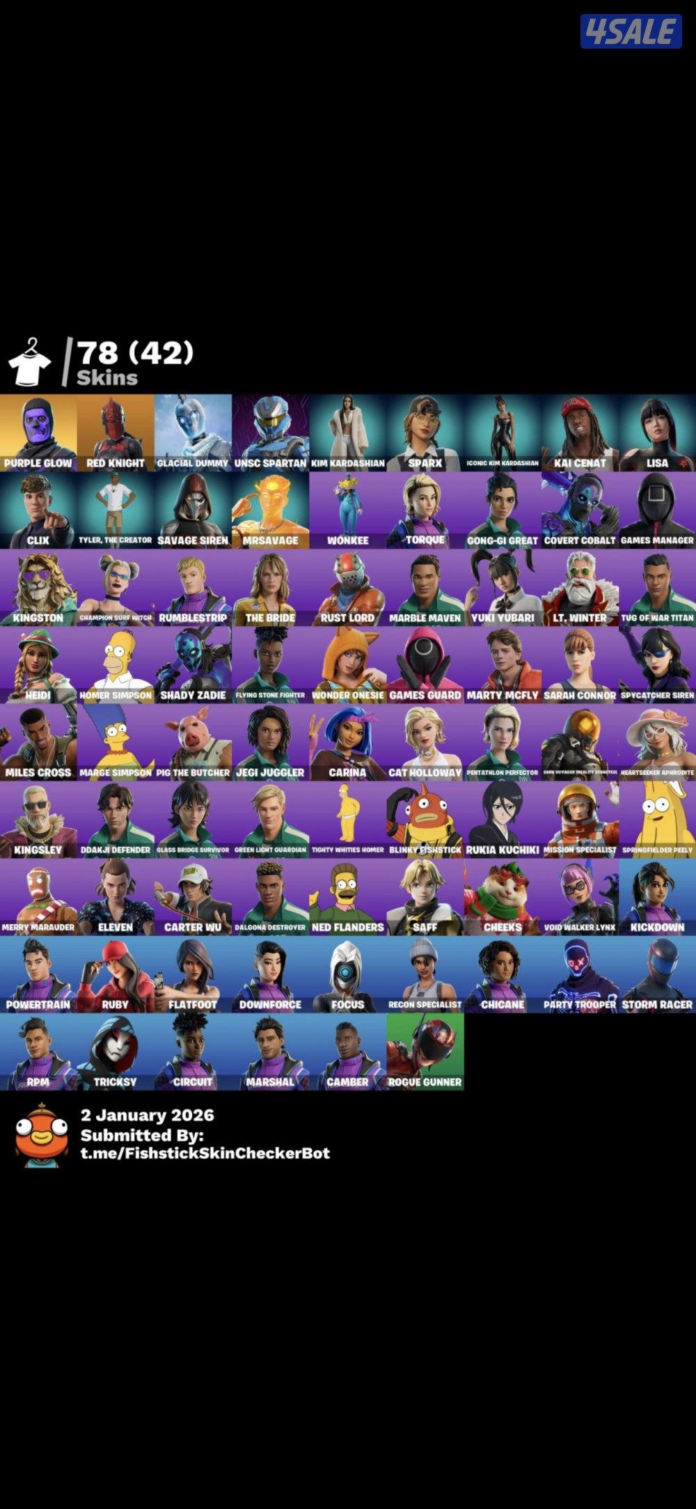 حساب فورت نايت سكلتون بفسجي ورقصة فريش0