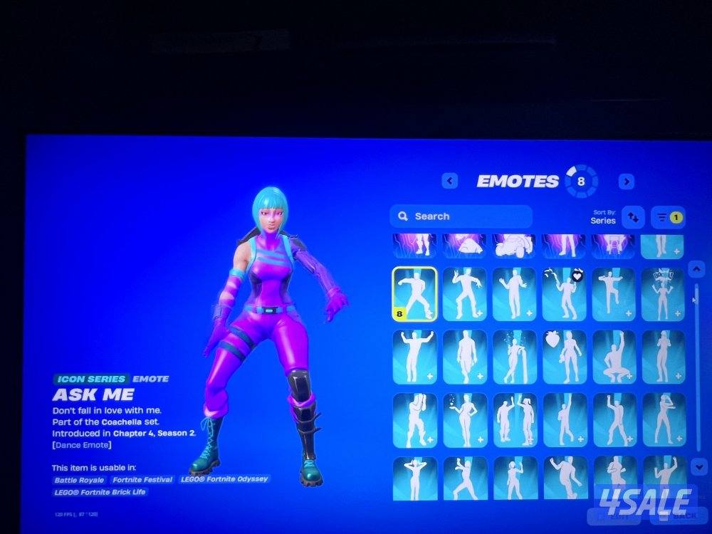 حساب فورت نايت 560 سكن + 771 رقصة شيطون + ميكاسا + ايكيونك +الجلكسي13