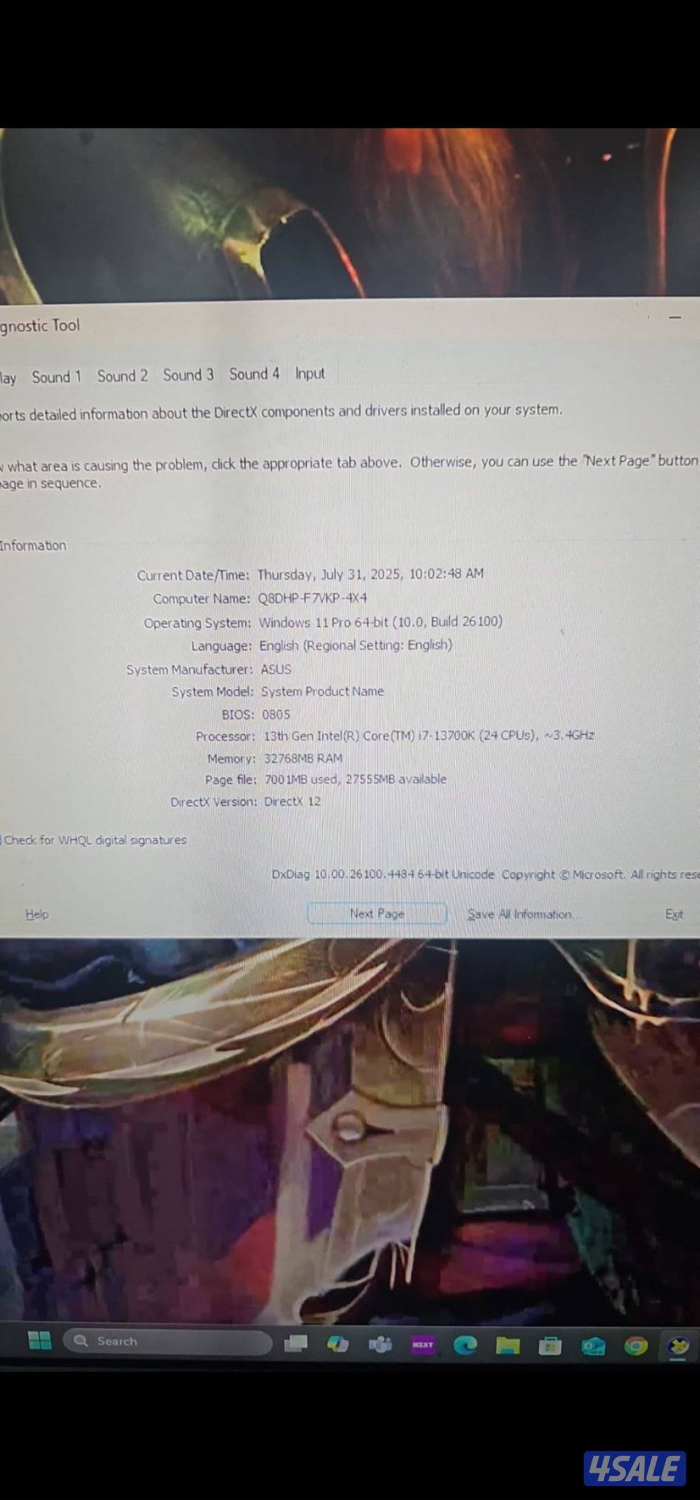 ---

اسم الجهاز: QB8HP-F7VKP-4X4
الشركة المصنعة: ASUS
نظام التشغيل: Wi2