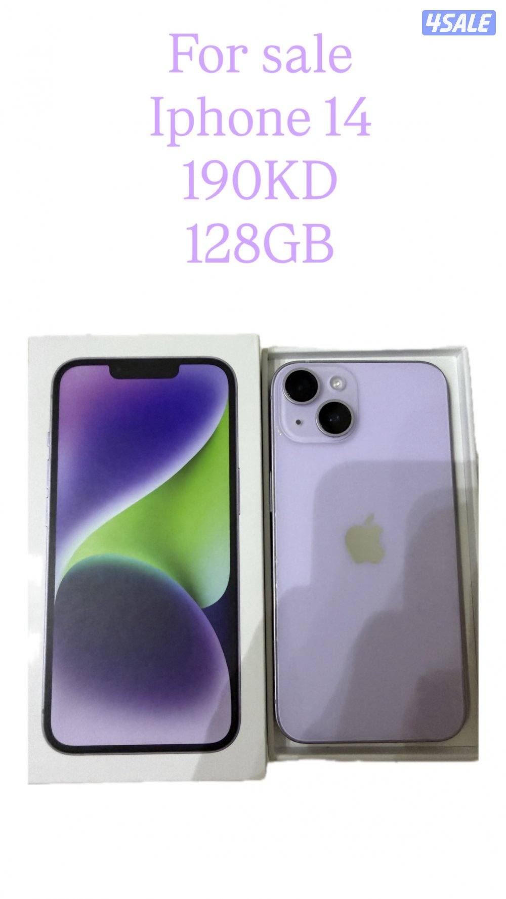 تلفون 14 لون بنفسجي 128 GB مع البوكس من غير الشحن مستعمل استعمال نظيف0