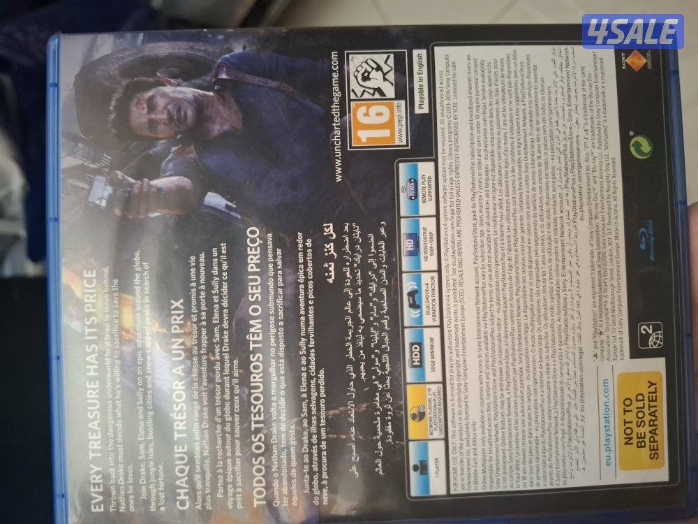 قرص لعبة انشارتد 4 للـps4 مع كامل محتويات الصندوق. (قرص ، ورقة التعليم0