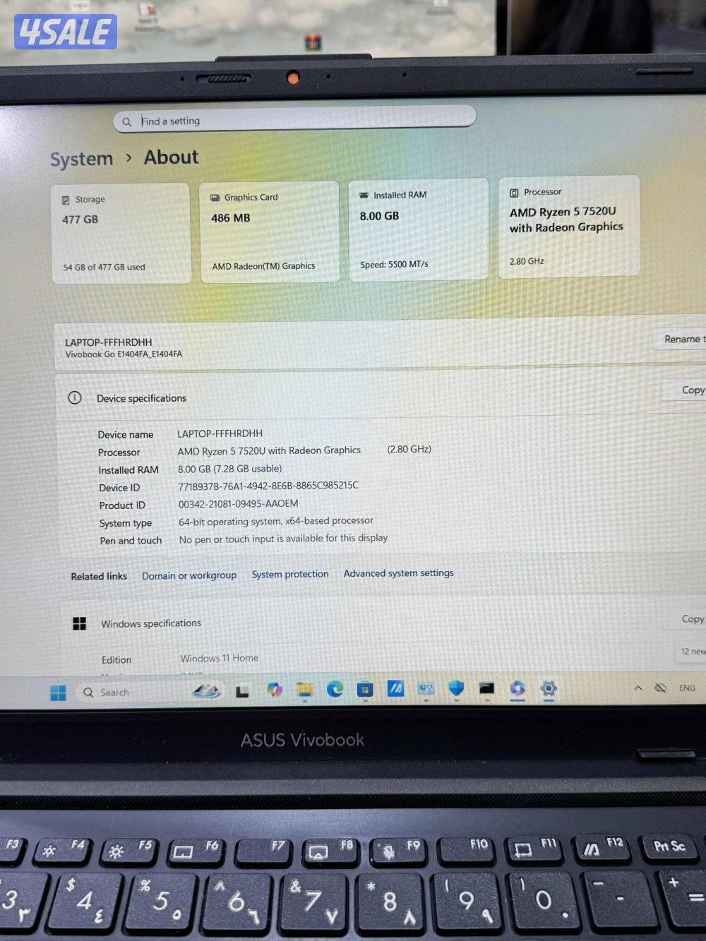 Asus vivobook ryzen 5 7000 series Ram 8GB DDR 5.  Storage 512GB ssd3