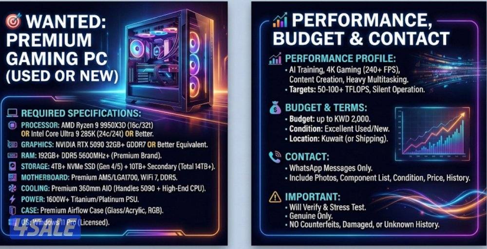 Req Premium Used Gaming PC with RTX5O9O &192GB RAM under 2OOO KD مطلوب3