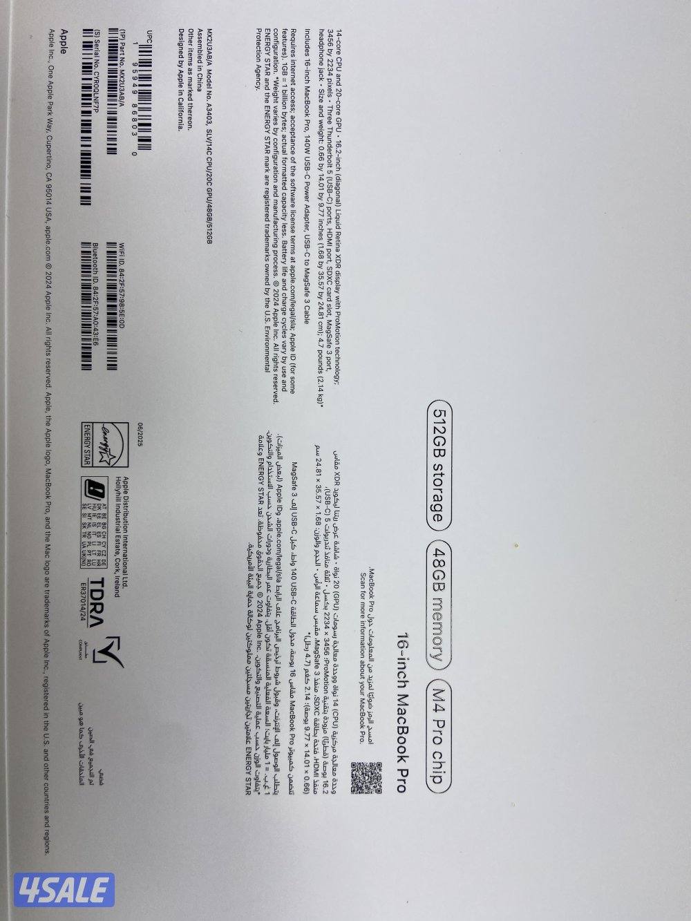 Mac book pro m4 pro -14 core cpu -20 core gpu- 48 gb ram -512 Ssd - 161