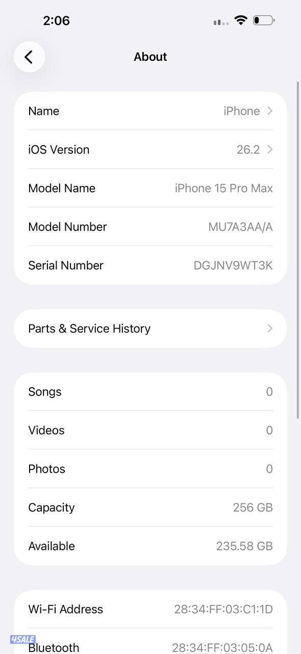 ايفون 15 برو ماكس – 256 جيجا – تيتانيوم أزرق – نسبة البطارية 84%9