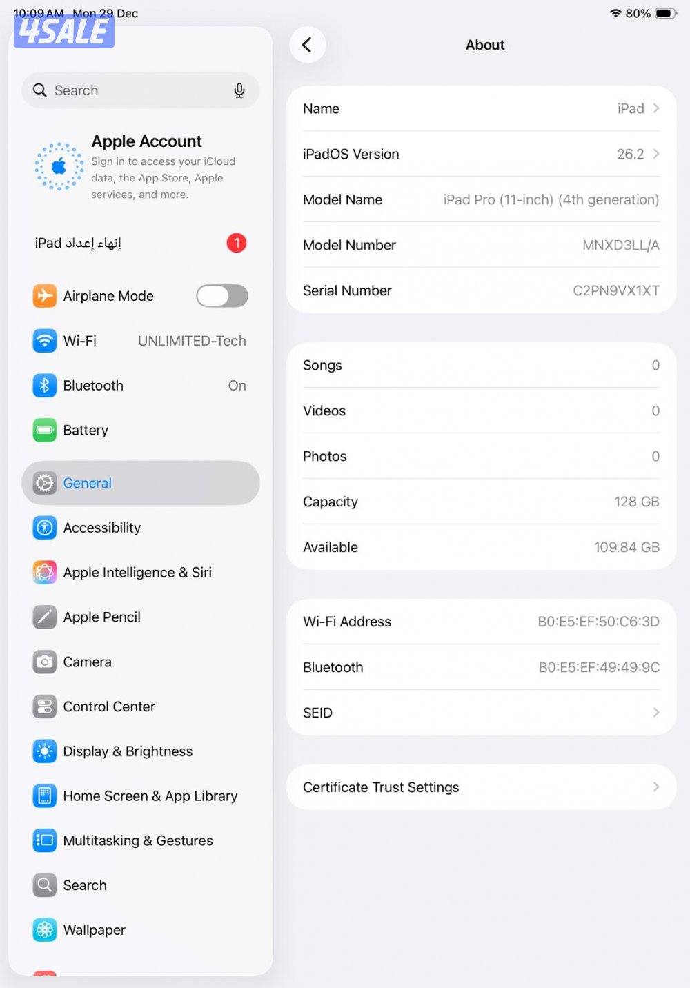 ايباد برو 11 انش – الجيل الرابع – رمادي فلكي – (MNXD3LL/A) iPad Pro 1110
