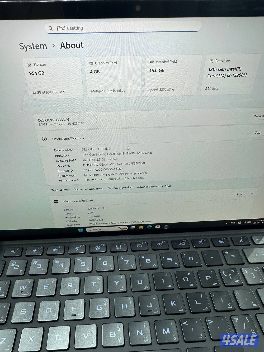 Asus ROG Flow Z13 -i9-12900H (2.50 GHz) 16GB ram 1TB SSD-RTX3050ti- us0
