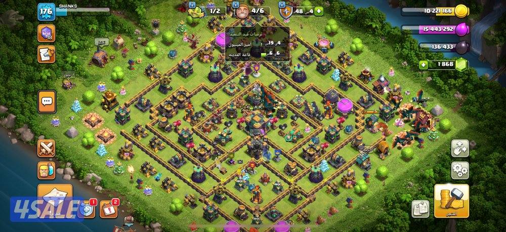 للبيع كلان وحساب كلاش اوف كلانس تاون هول 14 ماكس وكلان لفل 180