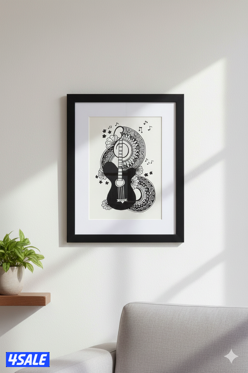 Handmade Guitar Mandala Art - Unique Ink Drawing Gift0