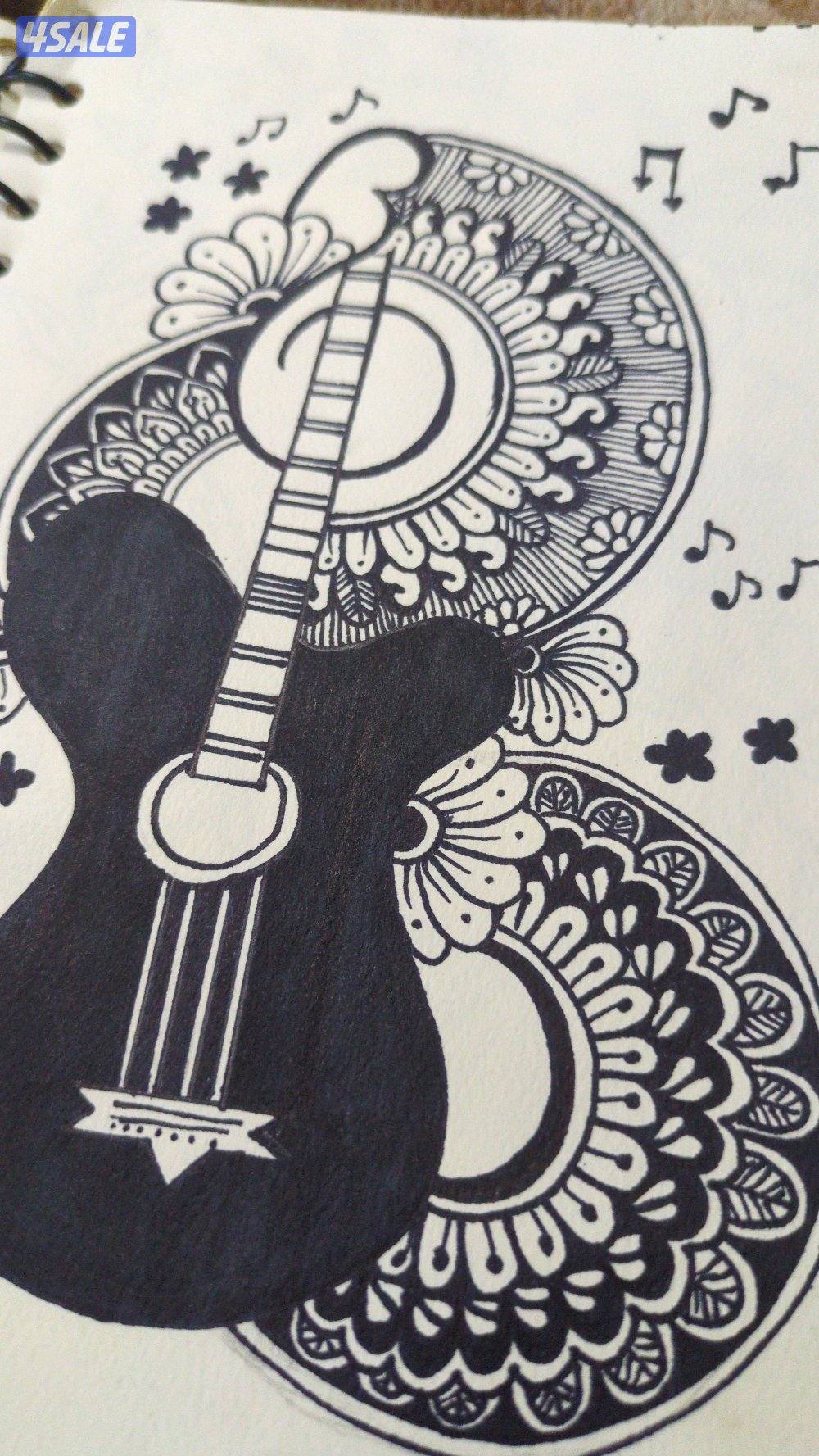 Handmade Guitar Mandala Art - Unique Ink Drawing Gift1