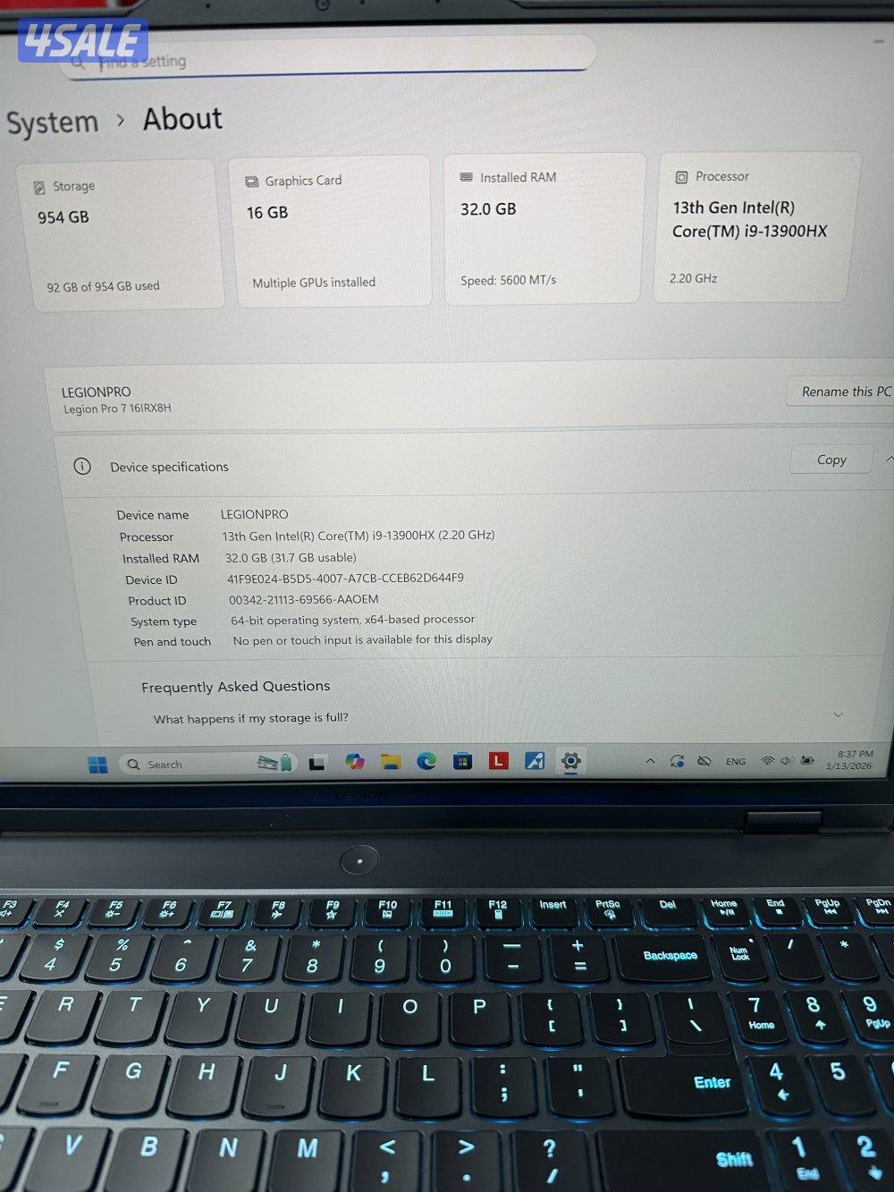 Lenovo legion pro7- core i9-13900HX (2.20 GHZ)-32GB-1TB-RTX4090-16GB2