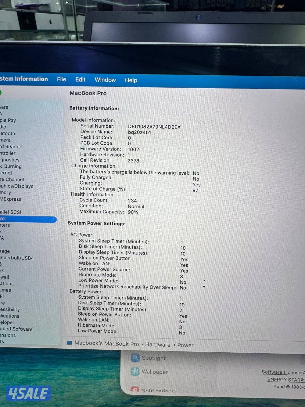 MacBook Pro M1 2020 13inch  
Ram 16GB 
Storage 512GB 
cycle count 2345