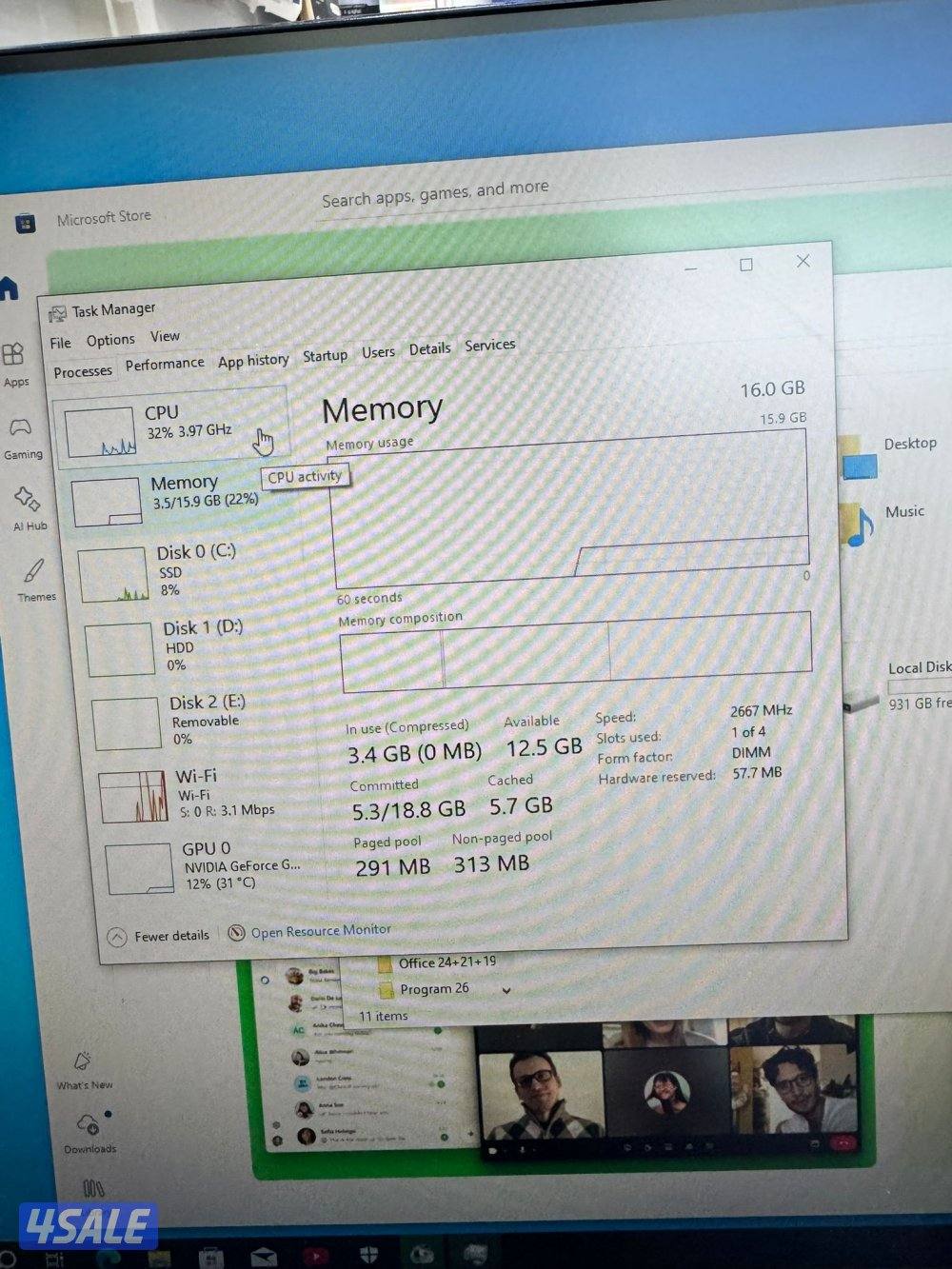 Gameing Pc i5 9Th Generation 
Ram 16GB 
Storage 1TB 
SSD 240GB 
Nvdia4