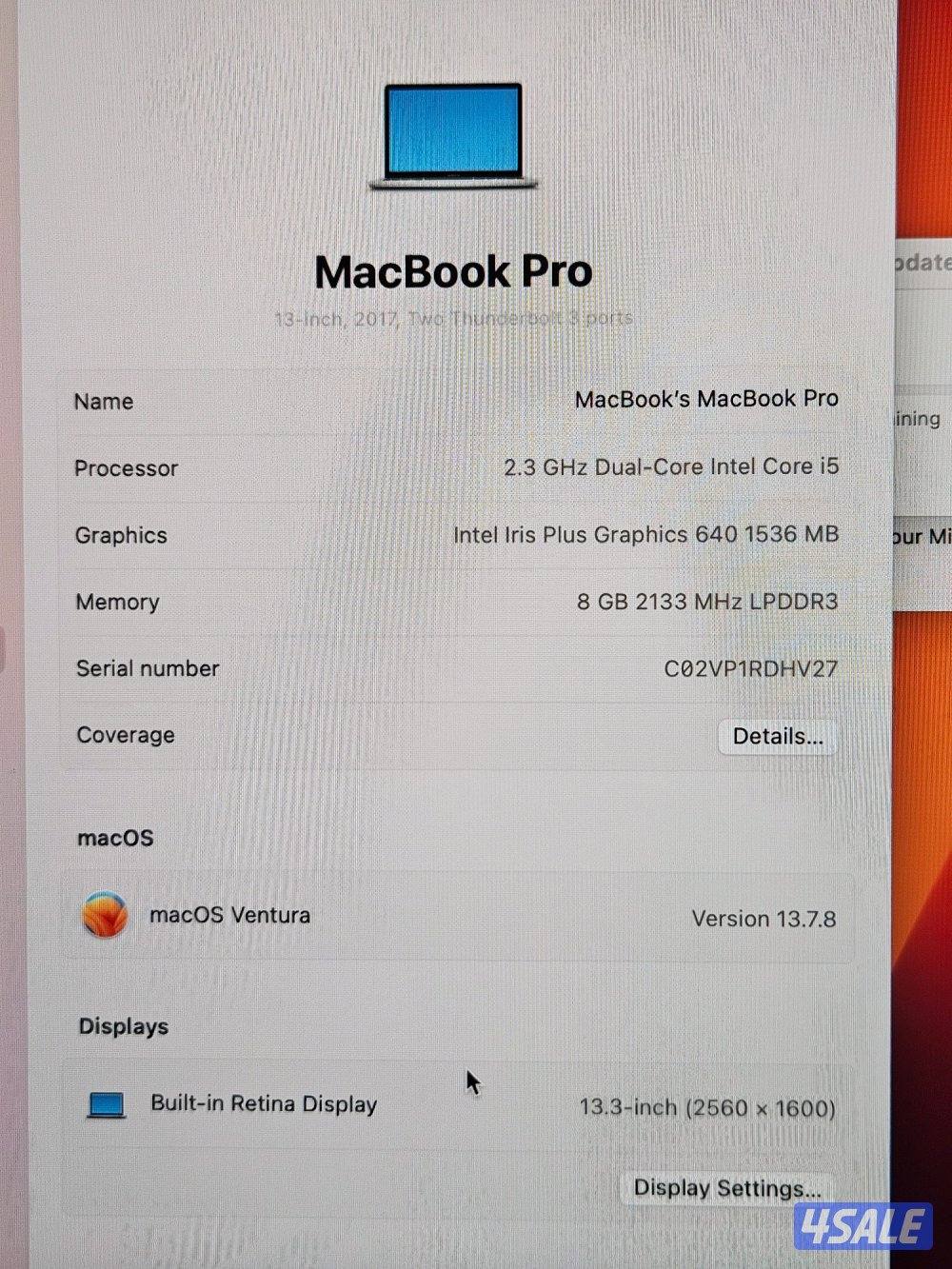 للبيعMacBook Pro (13- inch, 20173
