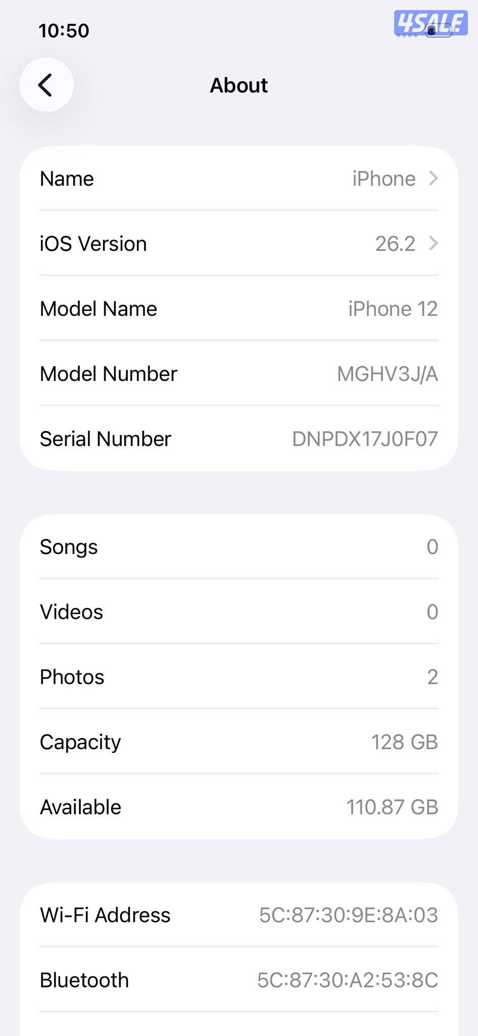 ايفون 12 – 128 جيجا – أبيض iPhone 12 128GB White – Battery 81%8