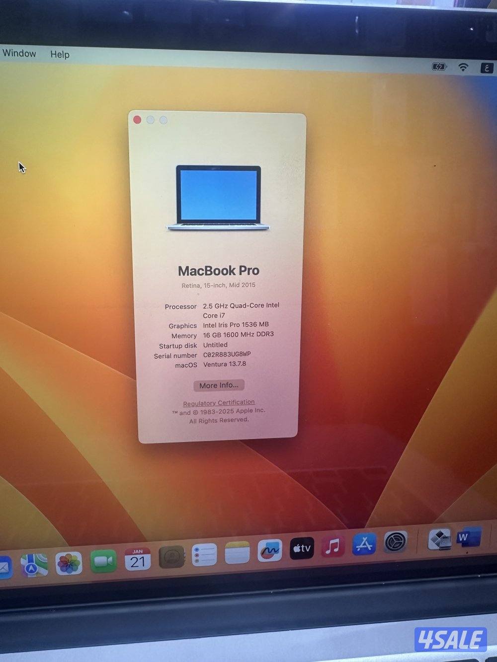 MacBook Pro 2015 16 ram 512 gb ssd core i7 15.4 inch 95 kd6