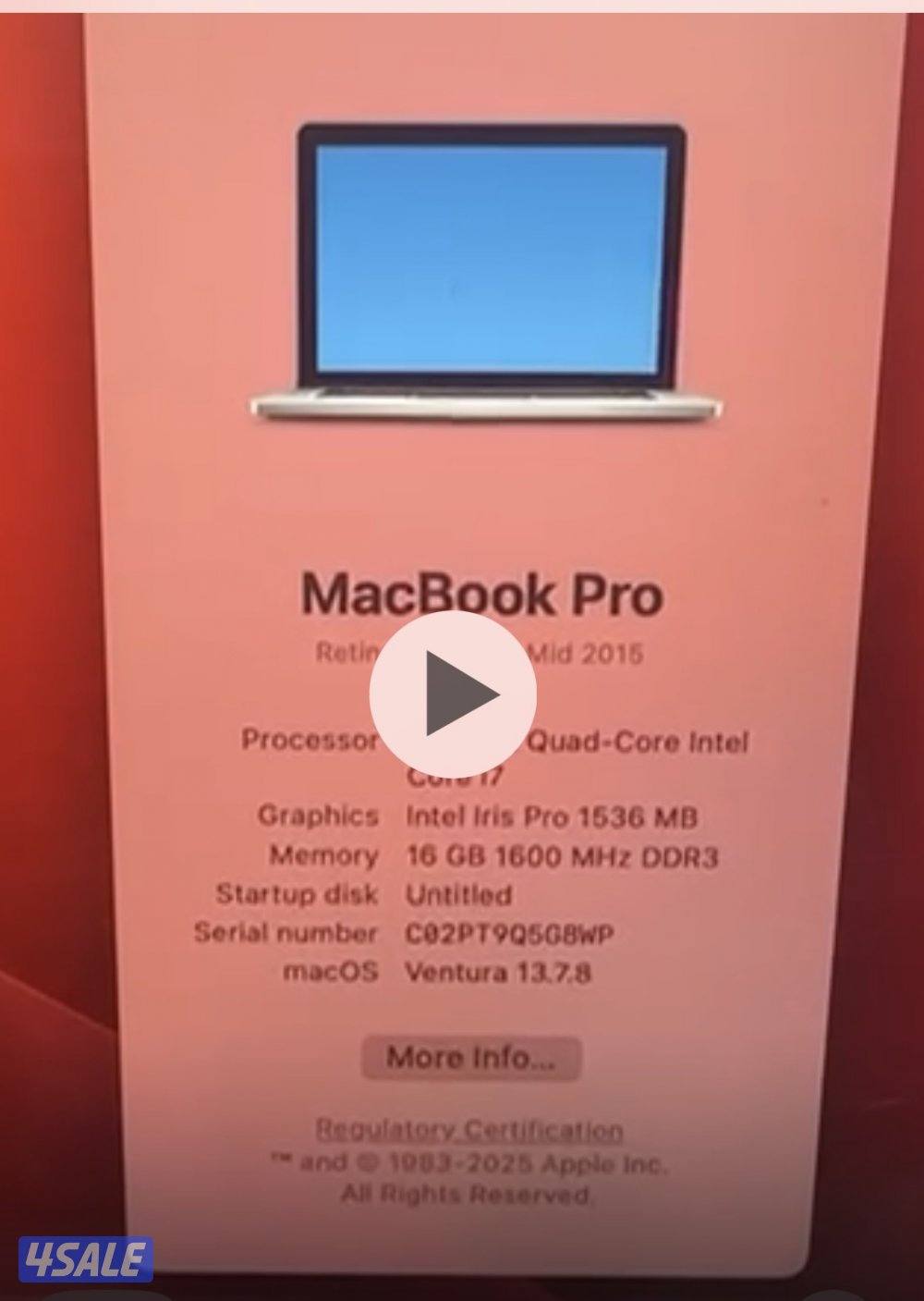 MacBook Pro 2015 16 ram 512 gb ssd core i7 15.4 inch 95 kd8