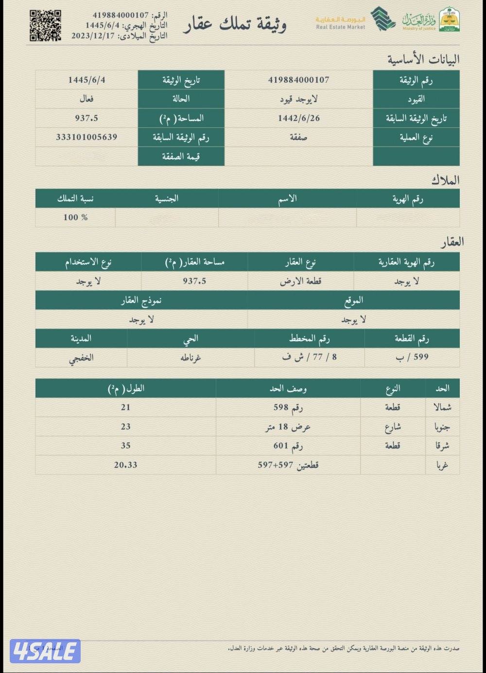 للبيع ارض بالخفجي حي غرناطه المساحة 937 متر0