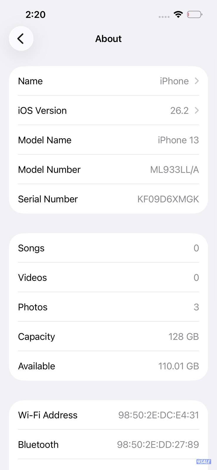 ايفون 13 – 128 جيجا – أسود iPhone 13 128GB Black – Battery 93%9